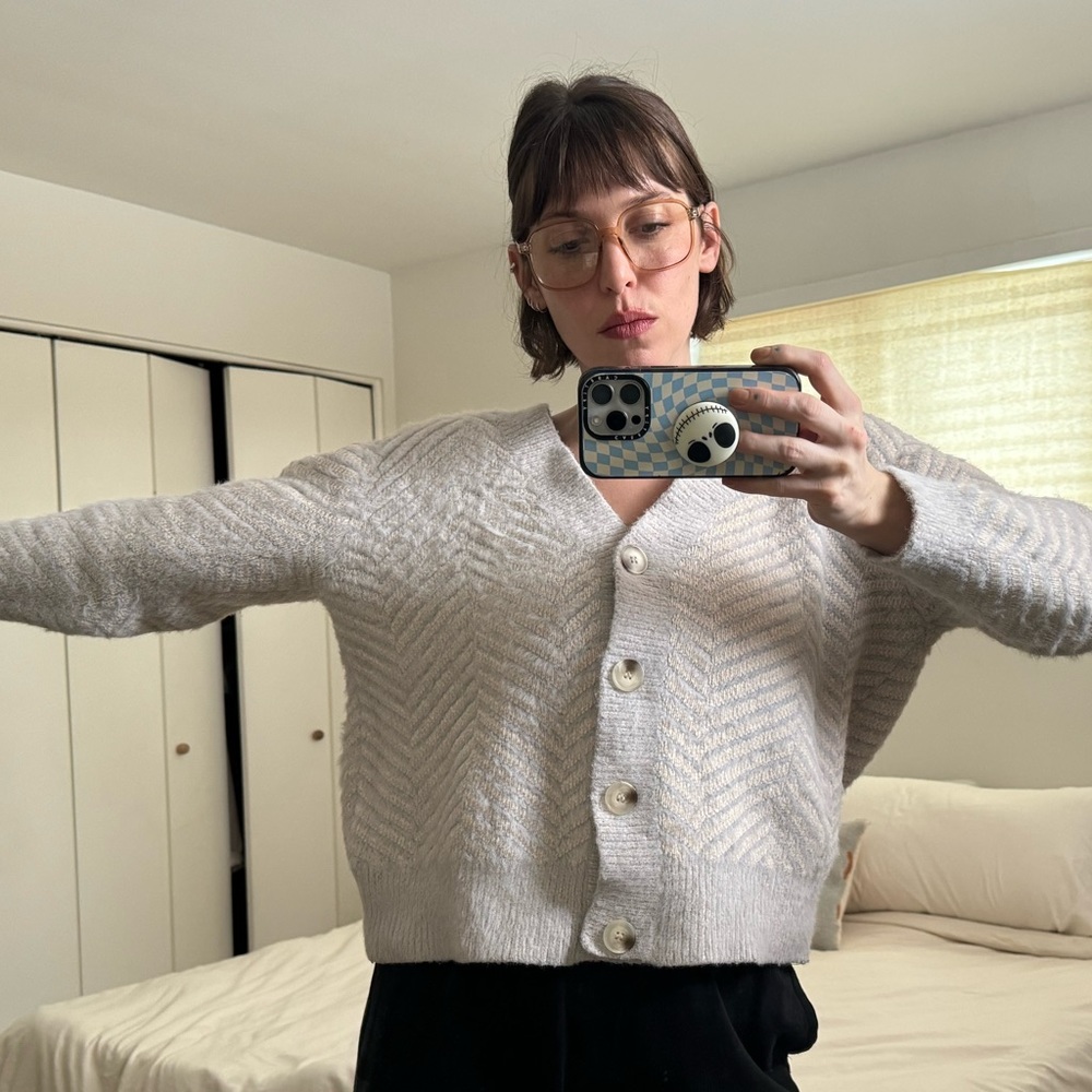 Baby blue and cream chevron chenille cardigan. Brand is FRNCH Paris. Size M/L